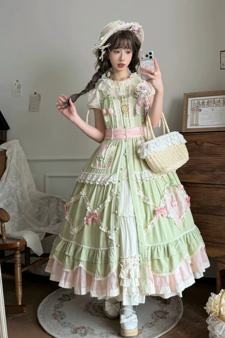 Emerald Pastoral Ruffled Bow Lolita JSK - Tulip Blossom Field