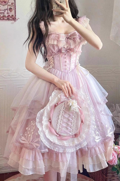Rose Layered Ruffle Embroidered Bow Princess Lolita Jumper - Love Is Coming