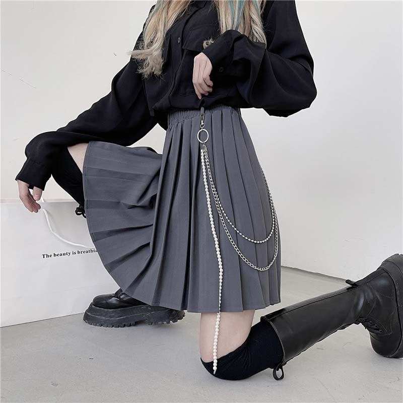 Gothic Chain Pure Color Pleated Skirt