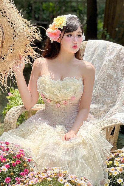 Pink Floral Love Ruffle Bow Lace Elegant Lolita Maxi Set