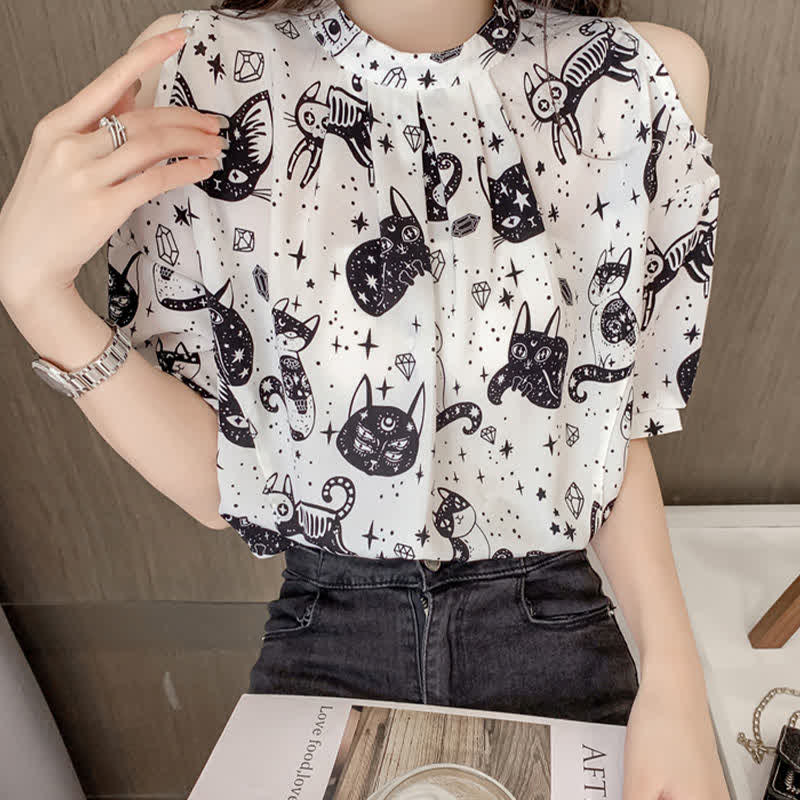 Chiffonhemd mit kaltem Schulter-Print und Kitty-Print, lässige Jeansshorts