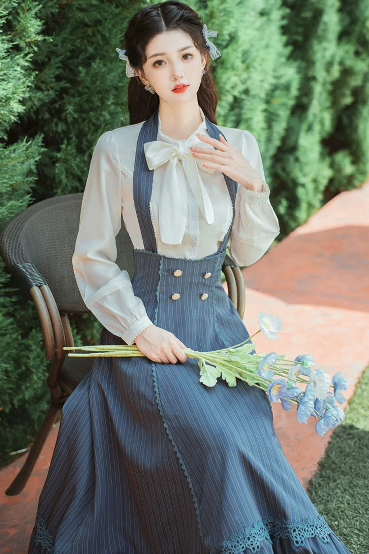 Blue Bustier Halter Long Sleeves Striped Print Bow Lace Sweet Lolita Two-Piece Set