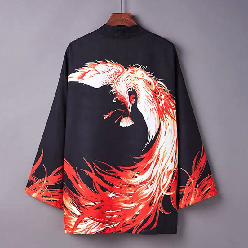 Kimono-Oberbekleidung mit leuchtendem Phoenix-Print und Sonnenschutz