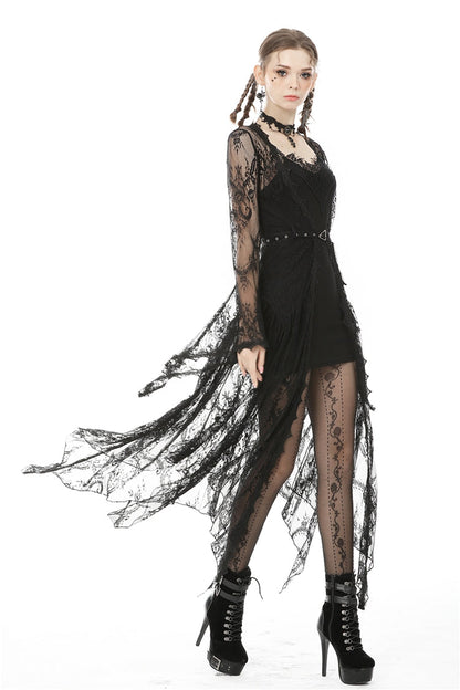 Maxi Cloak with Floral Lace and Belted Waist - Dark