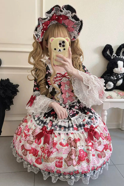 Sweet Berry Bunny Lolita OP Dress with Bow and Lace - Noir