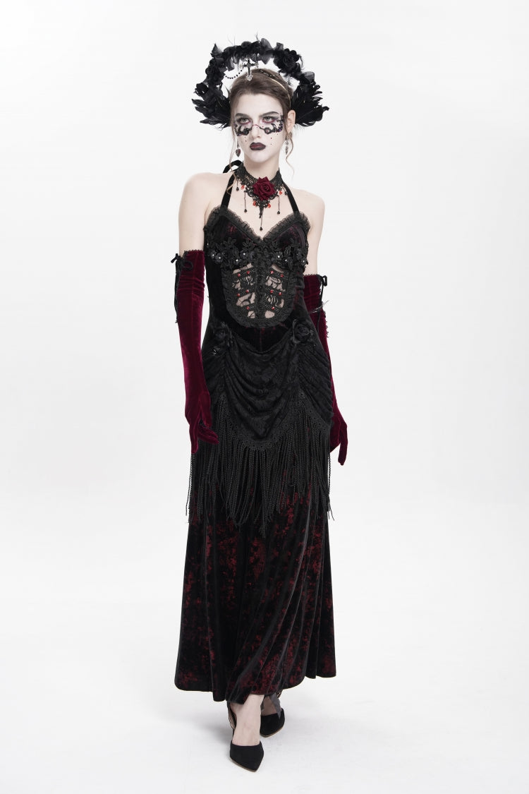 Sleeveless Hollow Floral Lace-Up Pleated Gothic Maxi Dress