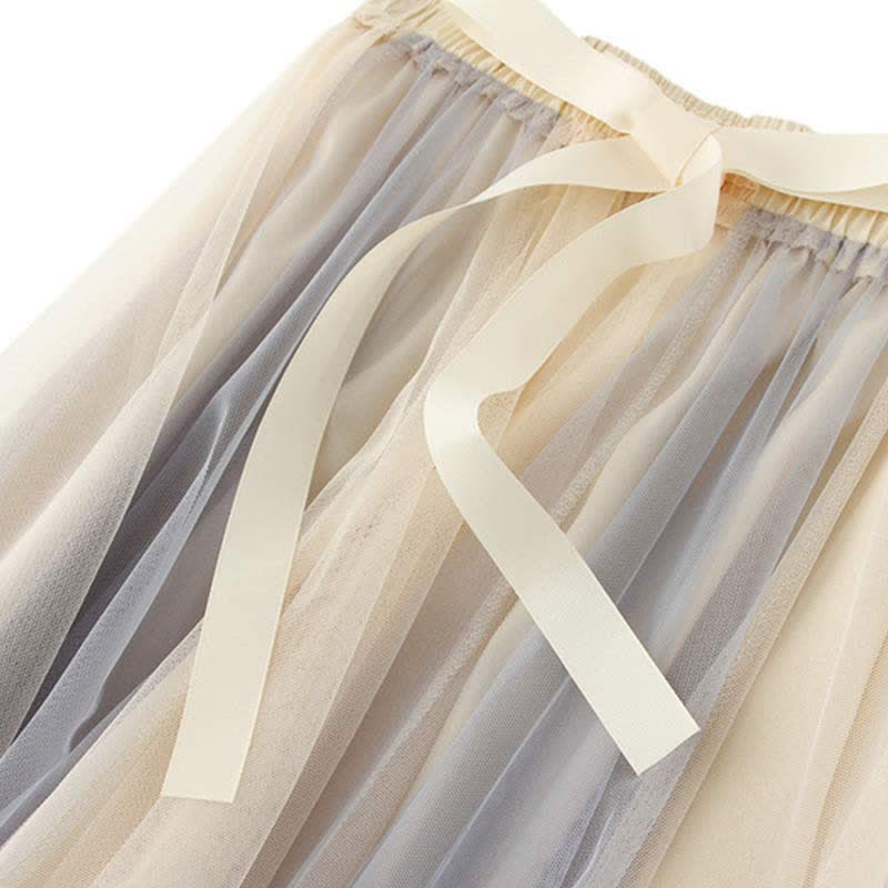 Print Round Collar T-Shirt Bow Knot Tulle Skirt