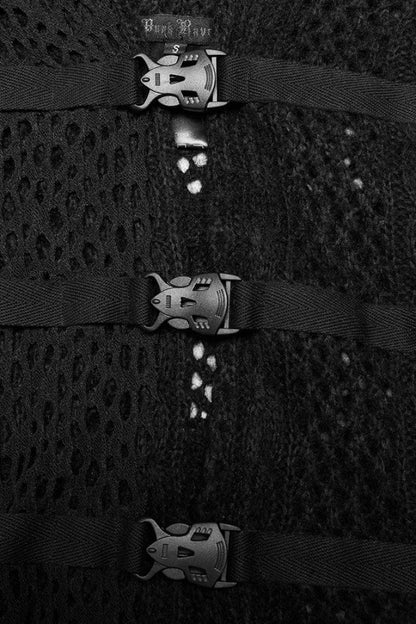 Webbing Buckle Asymmetric Hem Black Gothic Vest for Men