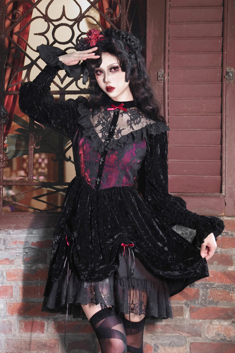 Rose Cemetery Puff Sleeve Lolita Dress with Hollow Lace - Noir