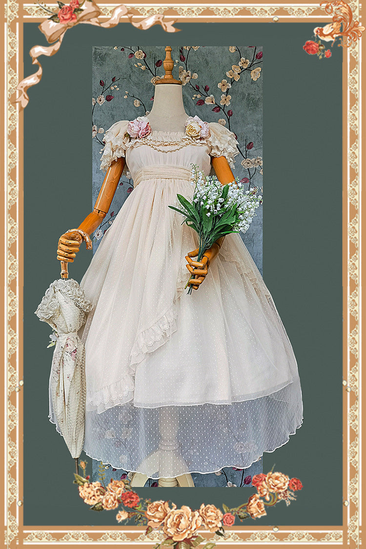 Apricot Polka Dot Asymmetric Ruffle Bow Lolita Dress - Moon goddess *Mediana*