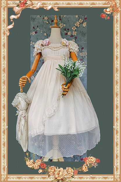 Apricot Polka Dot Asymmetric Ruffle Bow Lolita Dress - Moon goddess *Mediana*