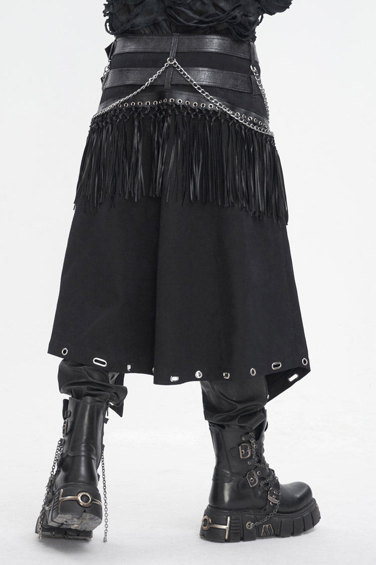 Double Belt Tassel Black Asymmetric Gothic Skirt for Men