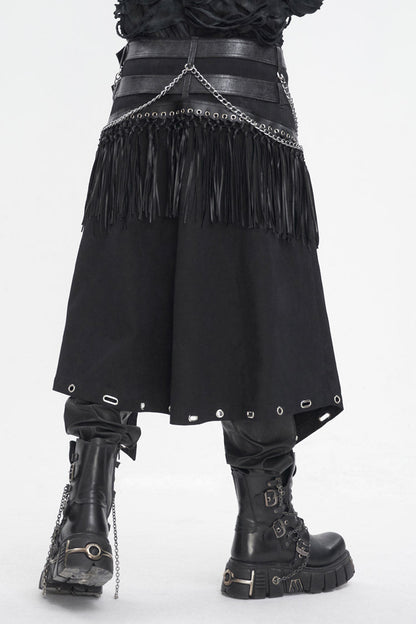 Double Belt Tassel Black Asymmetric Gothic Skirt for Men