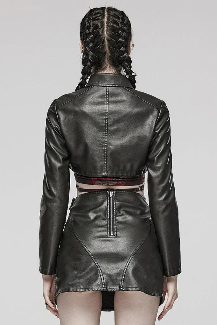 Women's Steampunk Short Coat with Long Sleeves and Hollow Stitching in Black Faux Leather