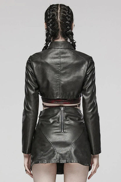 Women's Steampunk Short Coat with Long Sleeves and Hollow Stitching in Black Faux Leather