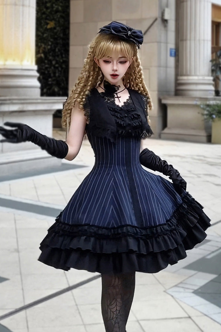 Double-Layered Striped Printed Gothic Jumper Dress with Jacquard Ruffles - Escape