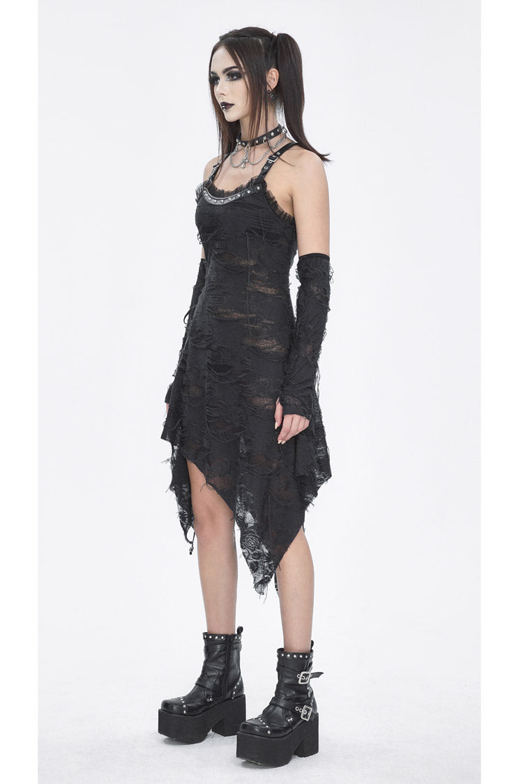 Asymmetric Strap Gothic Slip Dress with Lace Detail - NoirEdge
