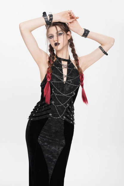 Halterneck Sleeveless Rivet Chain Punk Dress