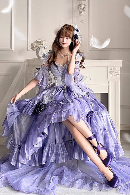 Misty Purple Sweet Ballet Lolita Swan Wonderland Embroidery Lace-Up Asymmetric JSK Dress