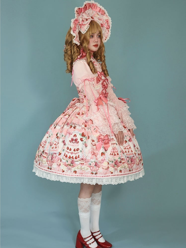 Strawberry and Desserts Print Pink Sweet Bow Accents Lolita JSK / Full Set