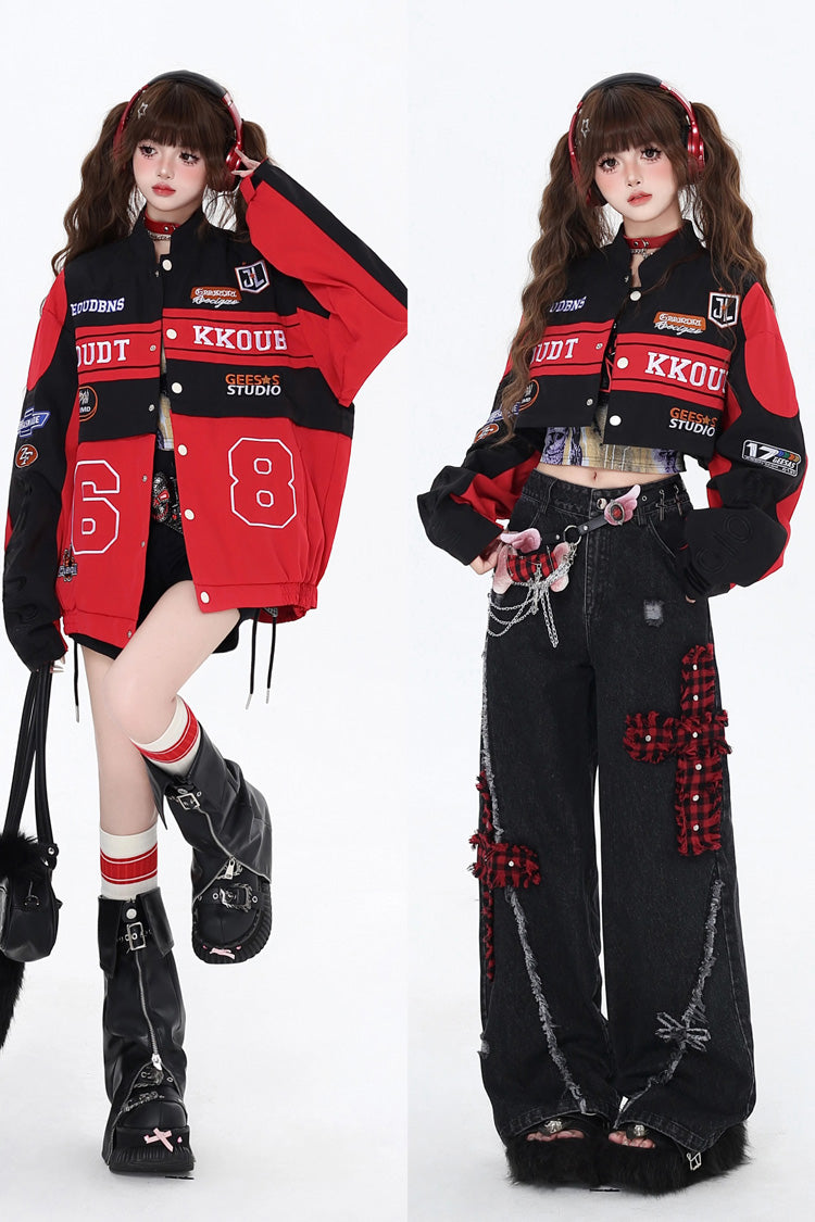 Biker Girl Print Embroidery Zip Detachable Coat Three Colors