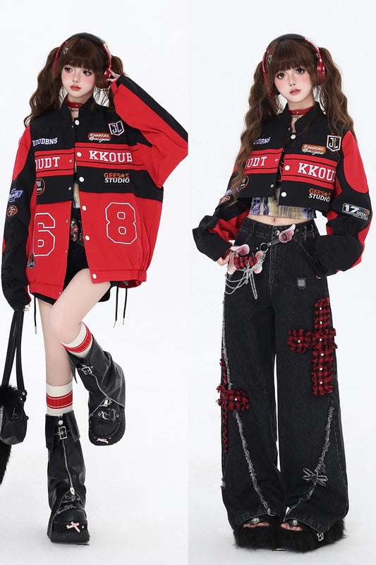 Biker Girl Print Embroidery Zip Detachable Coat Three Colors