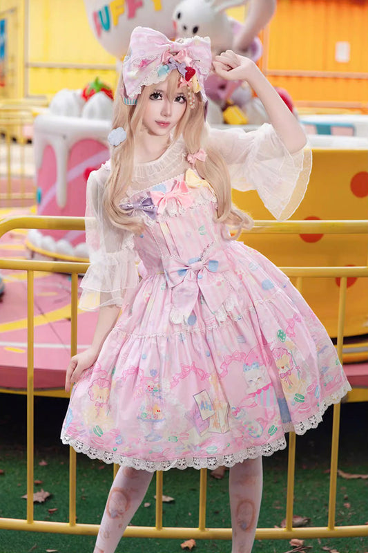 Pink Sleeveless Print Bow Sweet Lolita Jumper - Macaron Dolly House