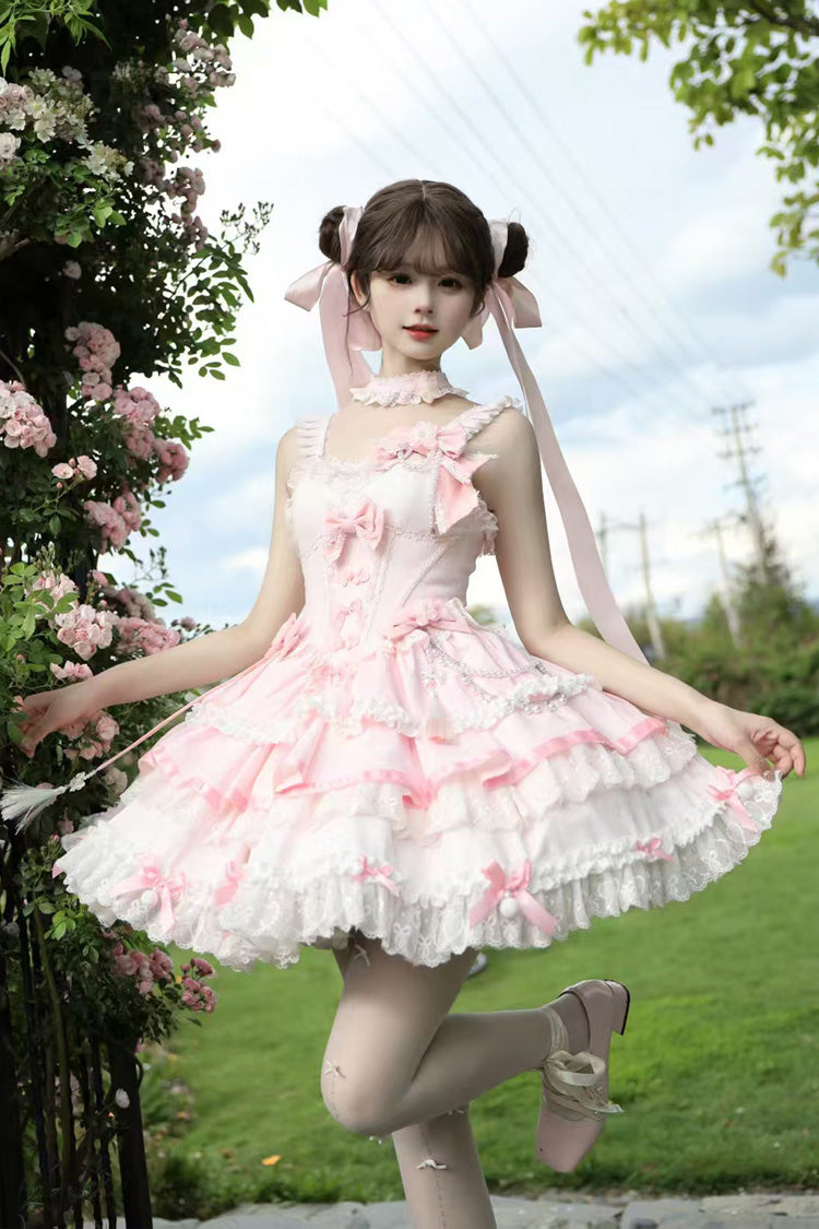 Rose Cherry Prelude Square Neck Sleeveless Layered Ruffled Bow Lace Embellished JSK Gown