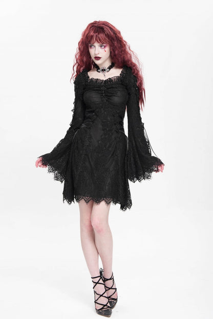 Square Collar Trumpet Sleeve Embroidered Lace-Up Gothic Dress