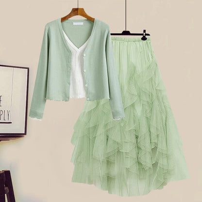 Shirt Fake Colorblock Skirt Tulle Set Tiered