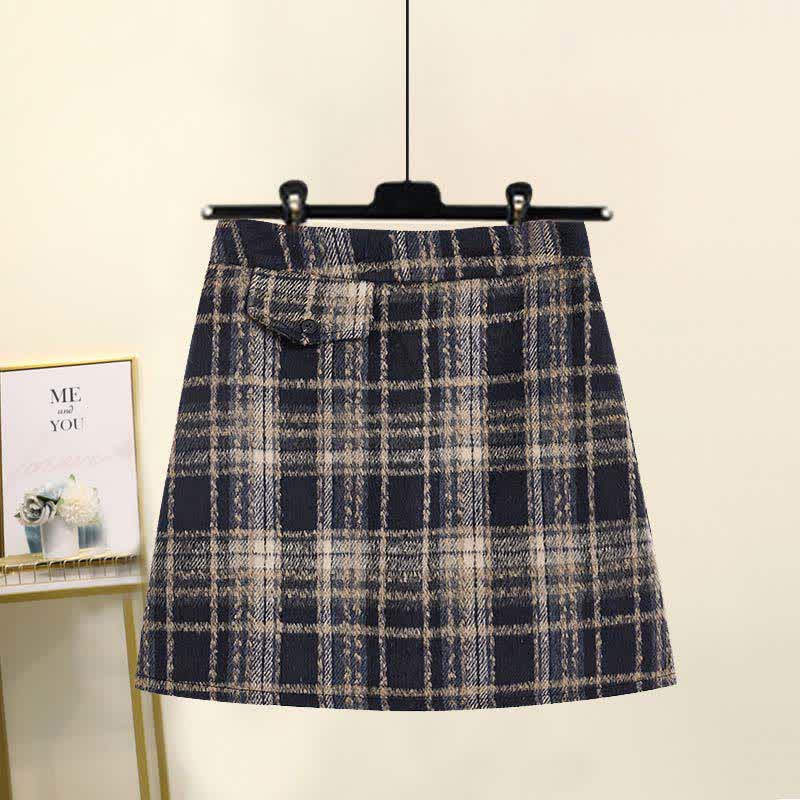 Plaid Knot Skirt Print Sweater Set Pleated Bow