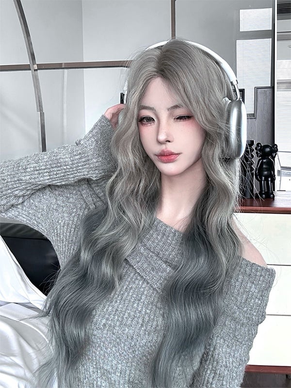 Blue-Grey Long Wavy Synthetic Wig With Bangs