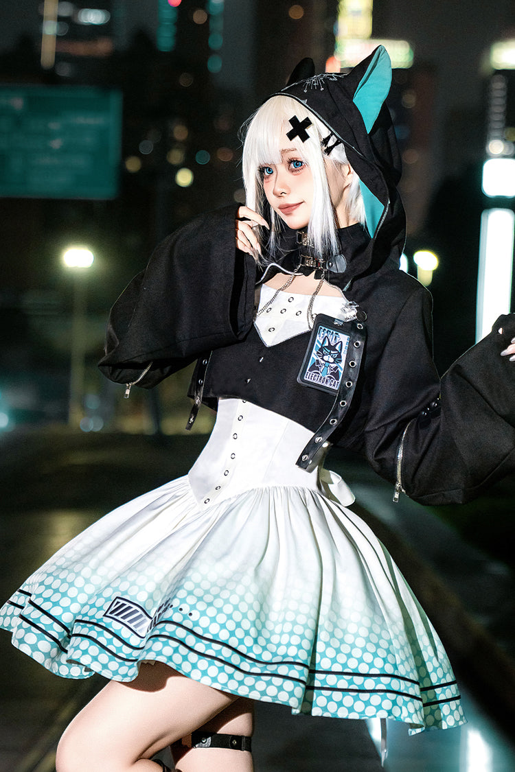 Black and Ivory Electronic Cat Print Future Suit Gothic Cool Lolita Dress