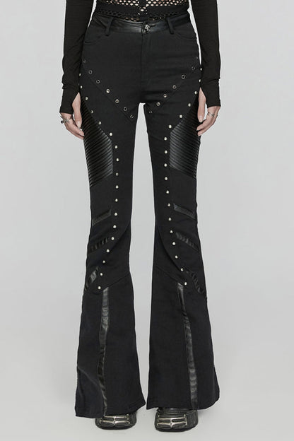 Punk Flared Trousers with Mesh and Metal Studs