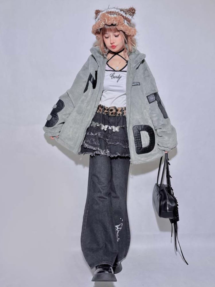 Gray Appliques Baggy Long Sleeves Plush Coat