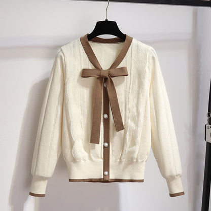 Elegant Bowknot Shorts Elastic Cardigan Sweater Waist