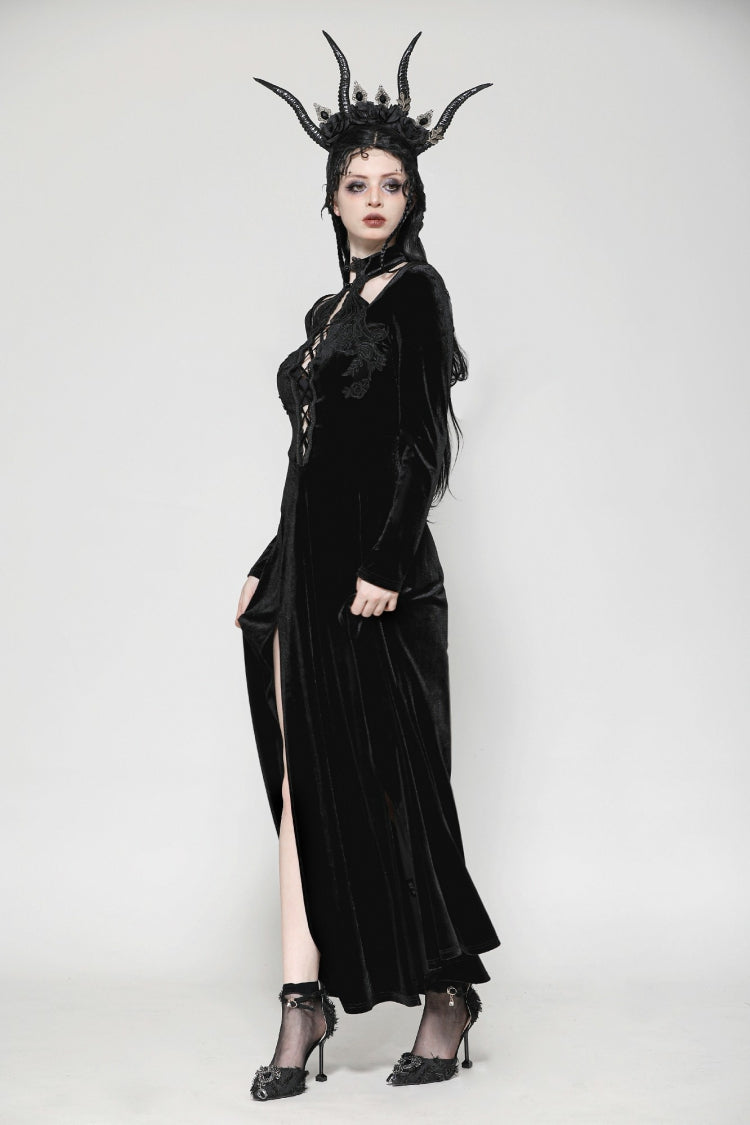 Long Sleeve Cut-Out Lace-Up Gothic Side Slit Velvet Party Wedding Dress