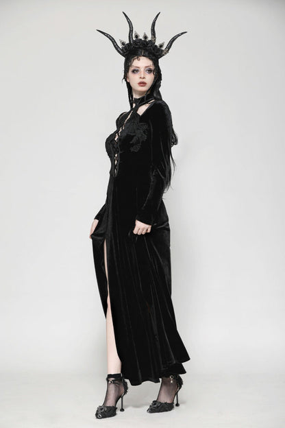Long Sleeve Cut-Out Lace-Up Gothic Side Slit Velvet Party Wedding Dress