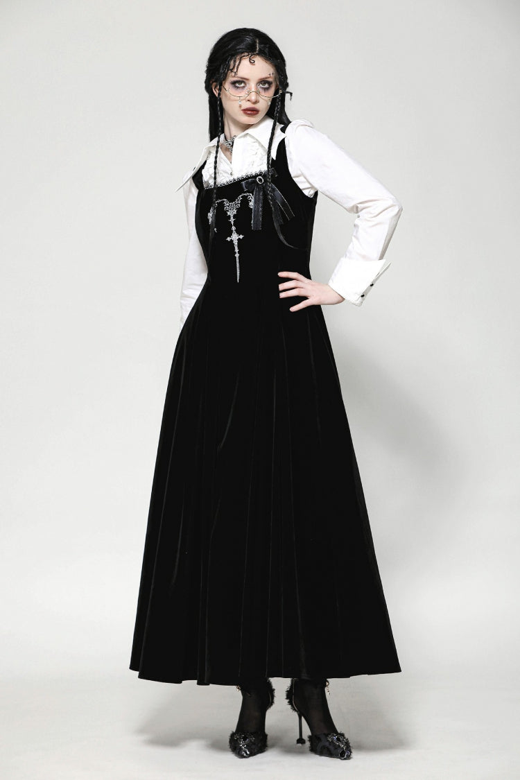 Gothic Women's Velvet Maxi Dress with Embroidered Horns and Lace-Up Back