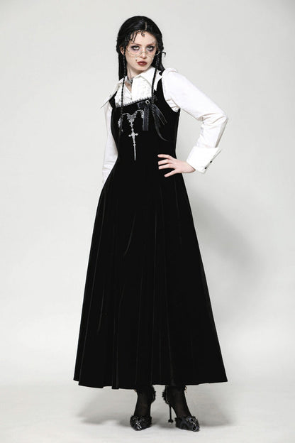 Gothic Women's Velvet Maxi Dress with Embroidered Horns and Lace-Up Back