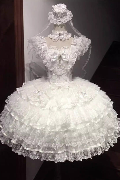 White Feathers Ballad Sleeveless Multi-Layered Ruffle Hanayome Bow Sweet Lolita Jsk Dress