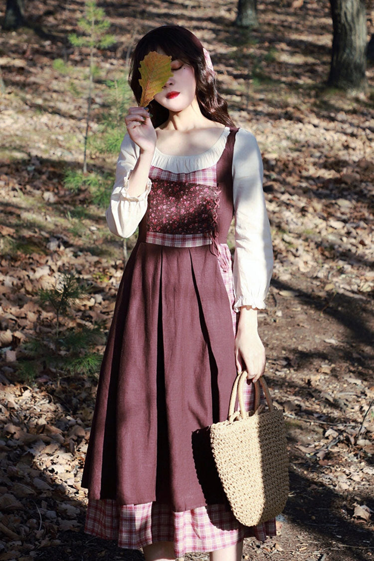 Brown French Retro Sweet Lolita OP Dress with Plaid and Crinkle Details