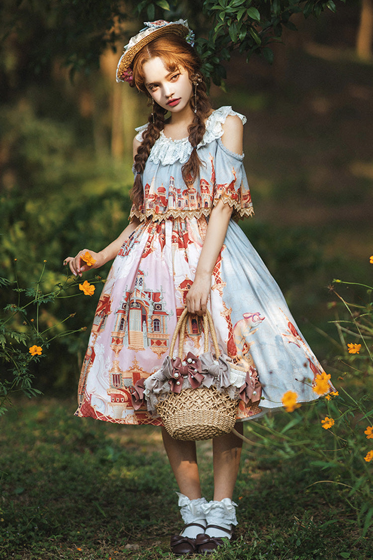European Architecture Oil Painting Off-Shoulder Ribbon Lolita Dress