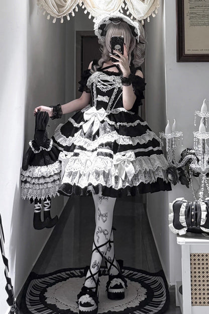 Black White Super Cute Belia Sleeveless Triple-Layered Ruffle Bowknot Lace Gothic Elegant Lolita Jsk Dress