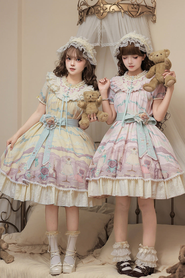 Sunny Short-Sleeve Bear Printed Ruffled Bow Dress Ensemble