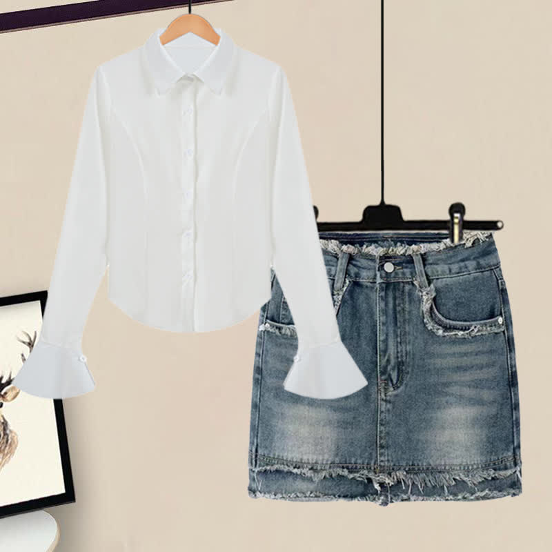 White Sleeve Lapel Lace Up Shirt Denim Skirt Set