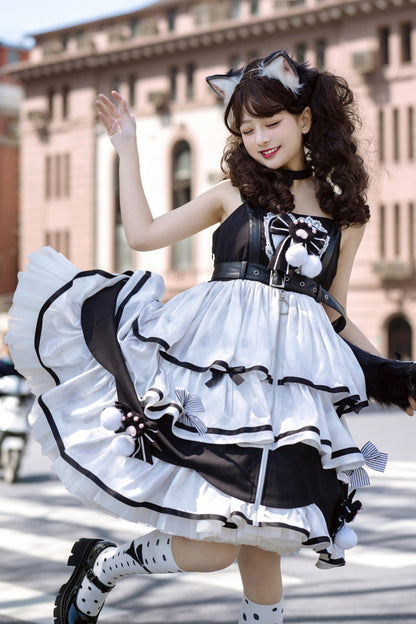 Black/White Sweet Lolita Triple-Layered Ruffle Bowknot JSK Dress