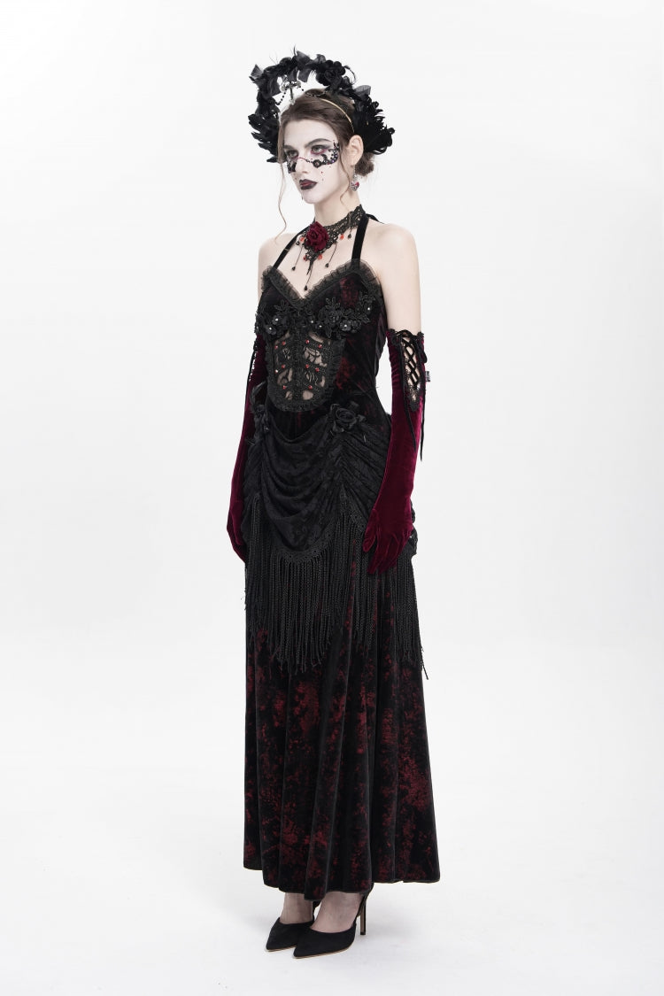 Sleeveless Hollow Floral Lace-Up Pleated Gothic Maxi Dress