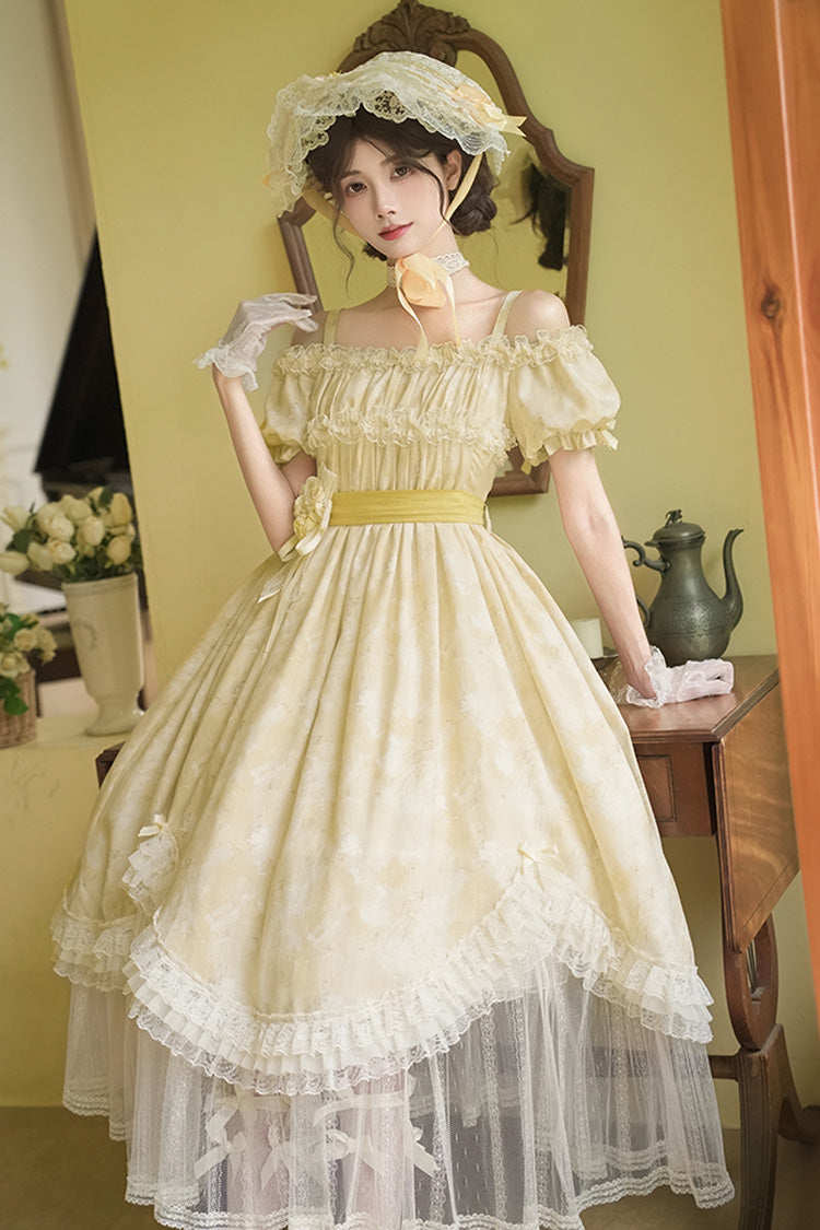 Golden Square-Collar Short-Sleeve Ruffled Lace Long Gown