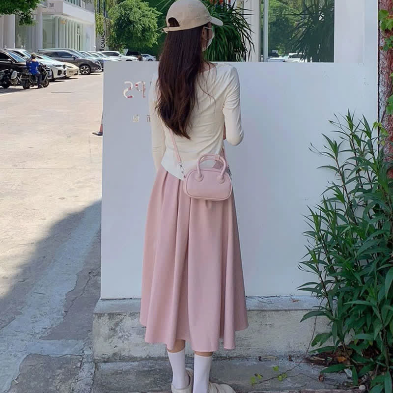 Irregular Ruffled Long Sleeve Shirt Pleated Skirt